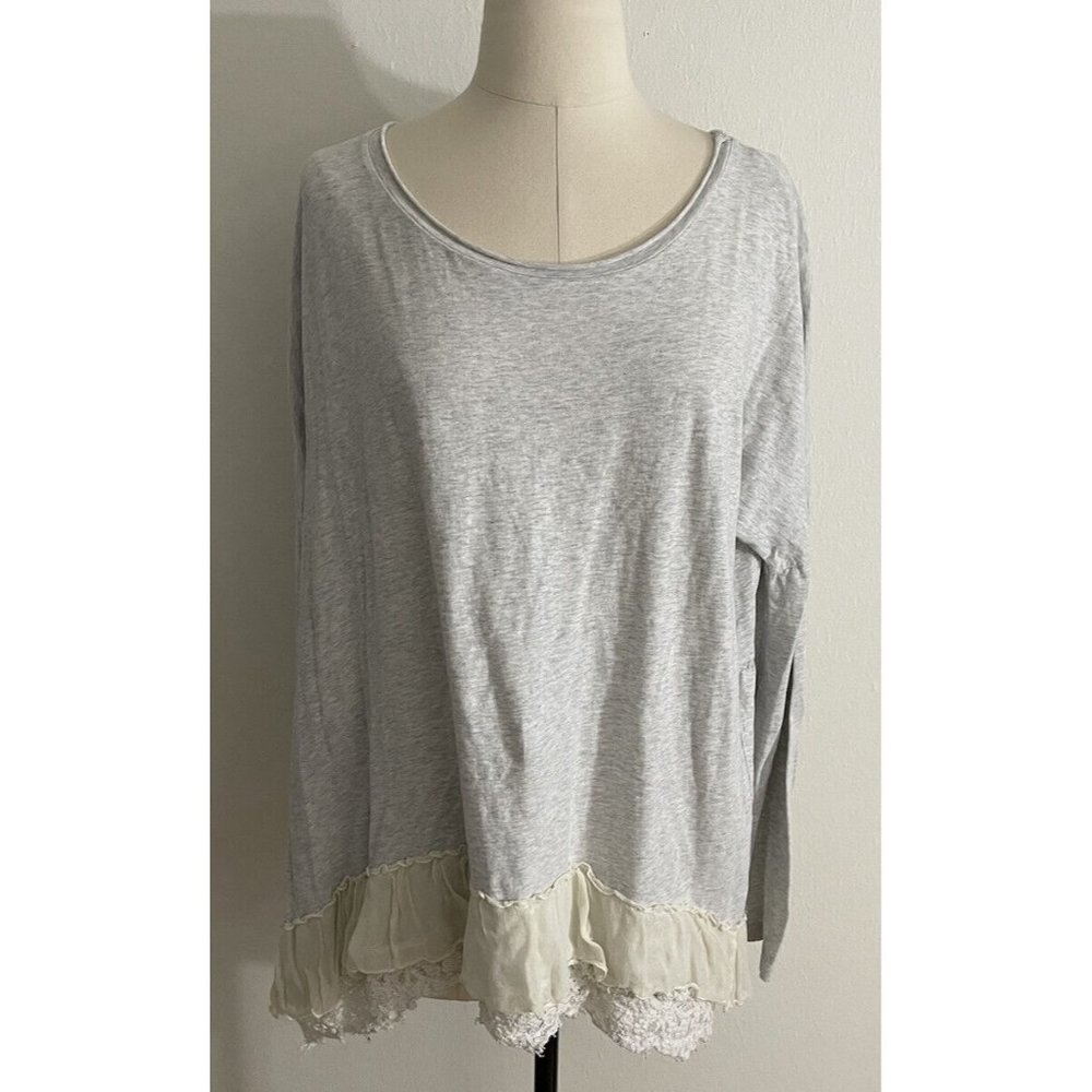 Sundance Catalog Gray LS 100% Cotton Lace Hem Dolman Sleeve Top Women’s XL?